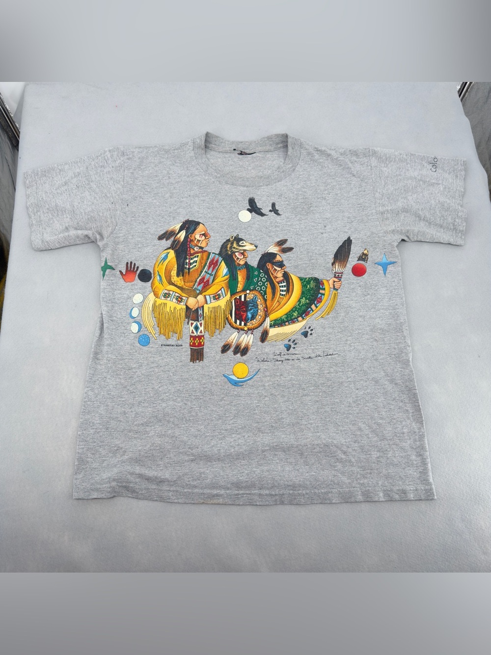 Vintage 90s Habitat Wolf Warriors Native American Gray T Shirt Mens